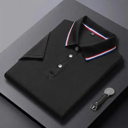 Folded black polo shirt with striped collar - Snag a 4XL Solid Color Business Polo today!