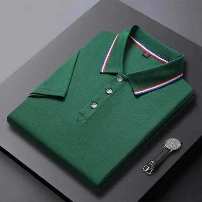 Green 4XL Solid Color Business Polo featuring a stylish striped collar design