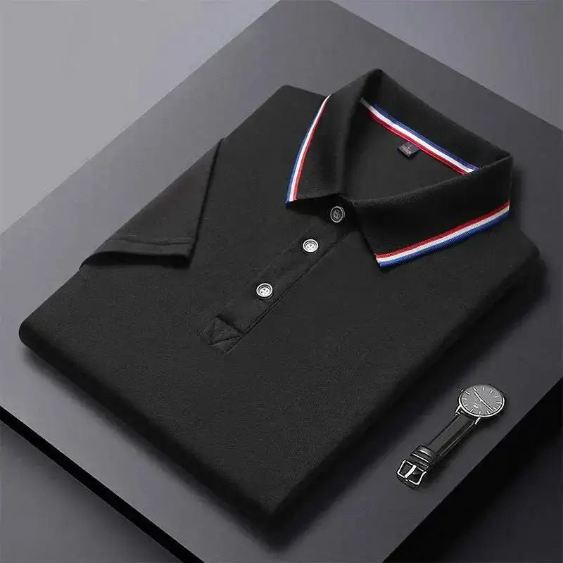 Folded black polo shirt with striped collar from the Snag a 4XL Solid Color Business Polo