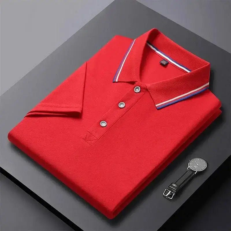 Red 4XL Solid Color Business Polo with stylish striped collar for a trendy look