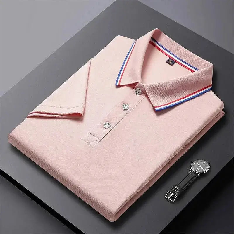 Pink polo shirt with striped collar for a stylish 4XL solid color business polo