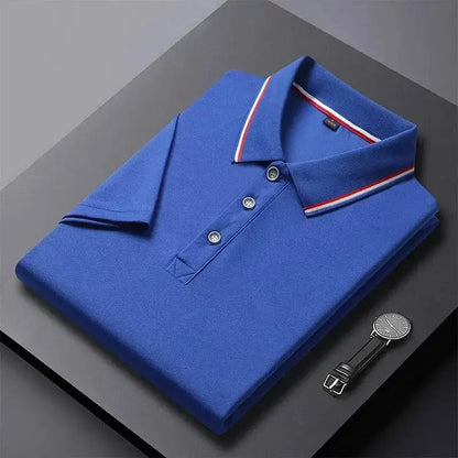 Blue polo shirt with striped collar perfect for a 4XL Solid Color Business Polo look