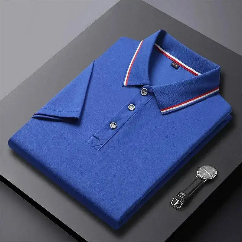 Blue polo shirt featuring a striped collar, perfect for a 4XL Solid Color Business Polo