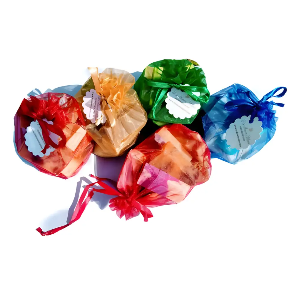 Colorful sheer gift bags filled with 1lb assorted soap samples for a fun surprise