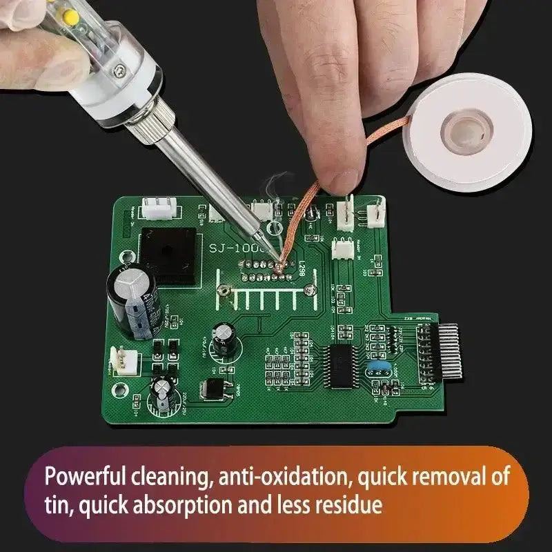 Soldering iron desoldering a circuit board with solder wire desoldering braid for easy repair