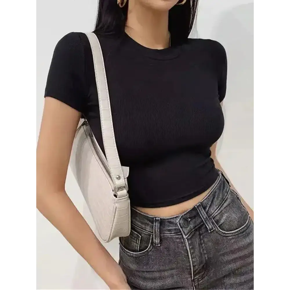 Black ribbed short sleeve crop top, perfect Solid Slim Fit Crew Neck Tee for casual wear