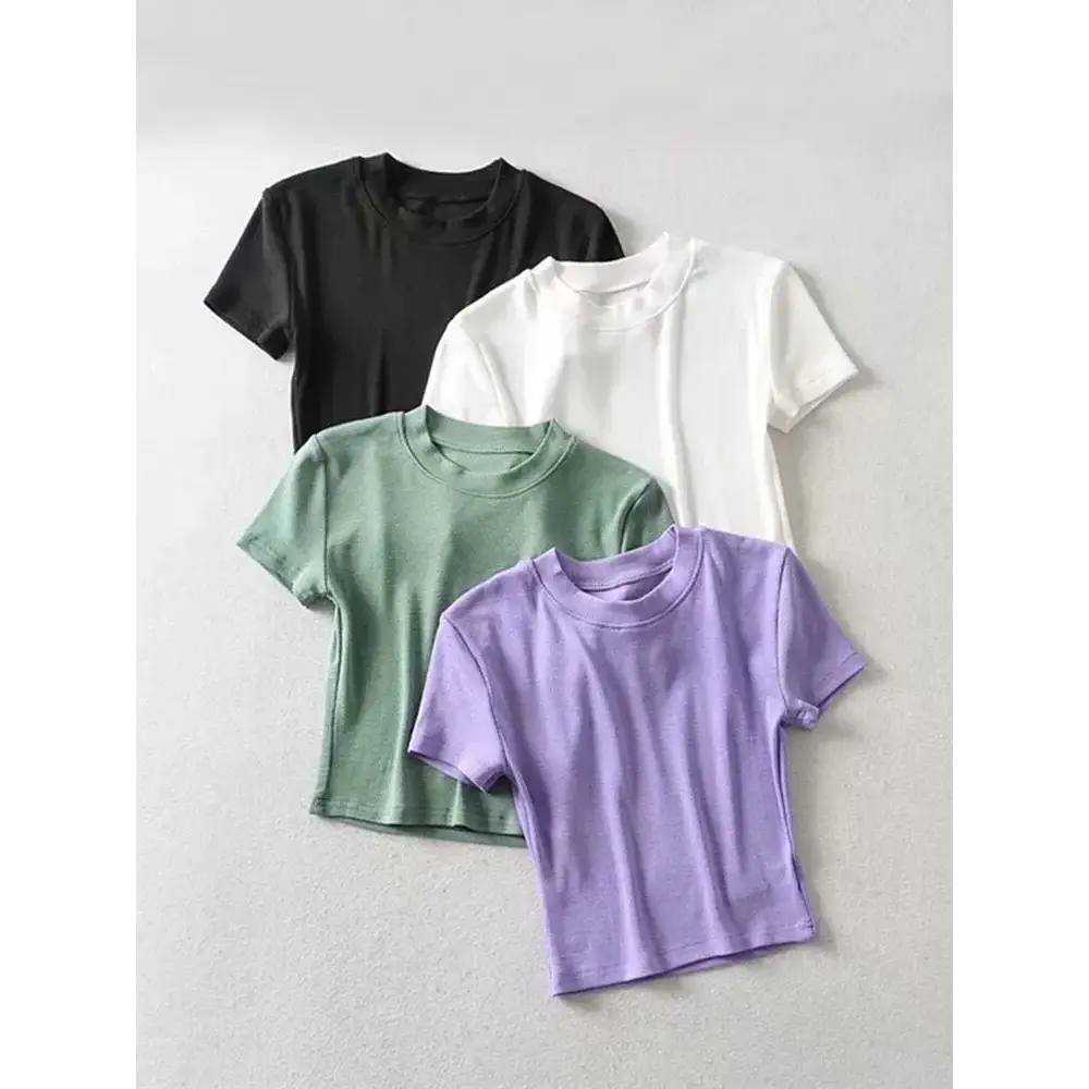 Four Solid Slim Fit Crew Neck Crop Tees in vibrant colors for a stylish look