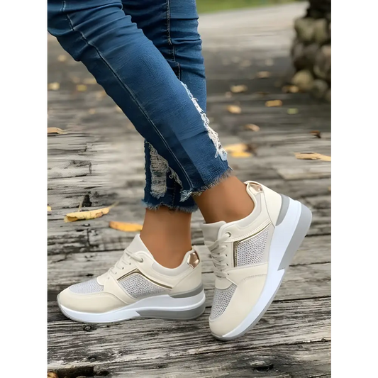 Beige and silver platform sneakers from Sparkle Kicks shoe deals for women