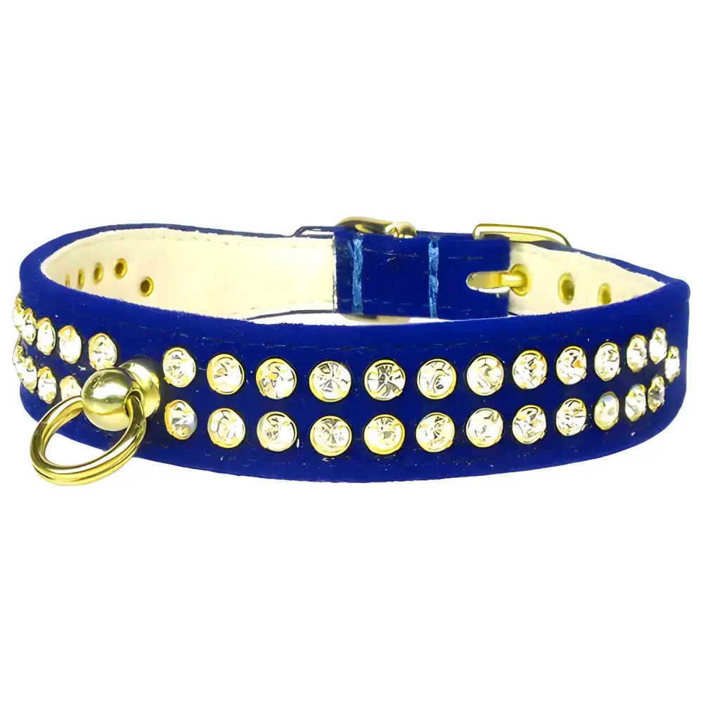 Blue velvet pet collar with rhinestones, perfect for blinging your pet’s neck. View cart!