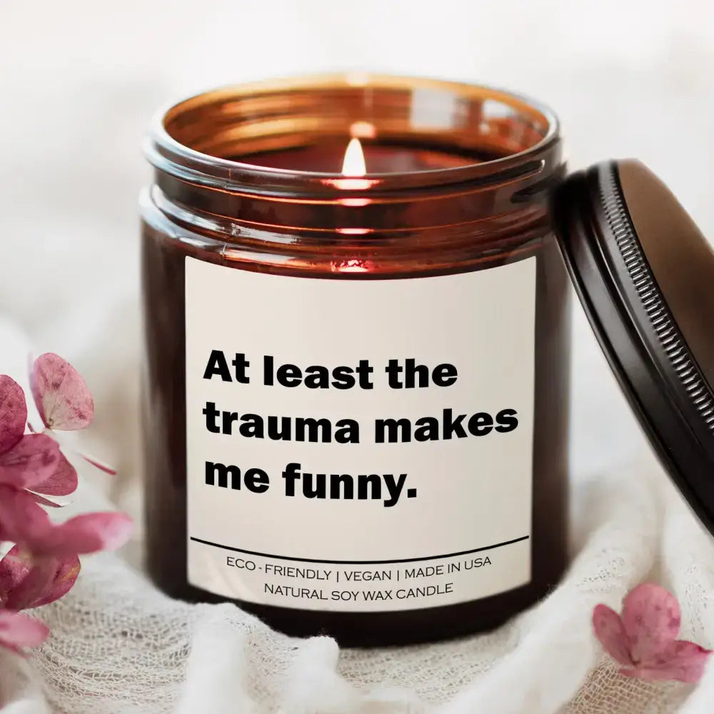 Lit Spiced Pumpkin Ginger Candle in a brown jar with a funny label vibes humor