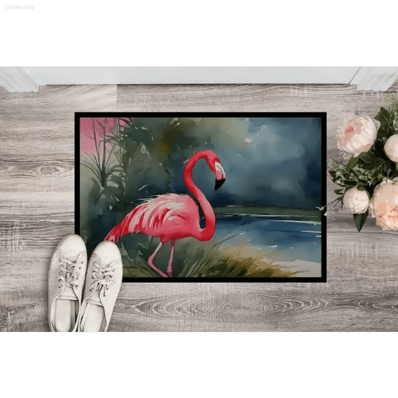 Splashy Flamingo Watercolor Doormat: Welcome Happiness! Bring a Vibrant Splash of Color and Whimsical Charm to your Doorstep with our Flamingo Watercolor Doormat - Estalios