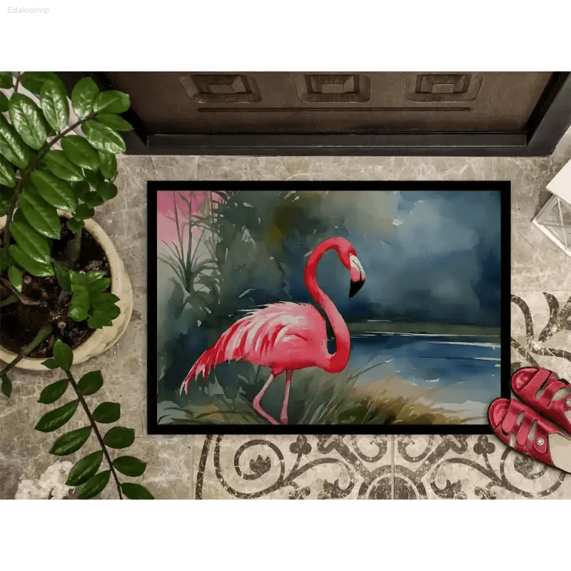 Splashy Flamingo Watercolor Doormat: Welcome Happiness! Bring a Vibrant Splash of Color and Whimsical Charm to your Doorstep with our Flamingo Watercolor Doormat - Estalios