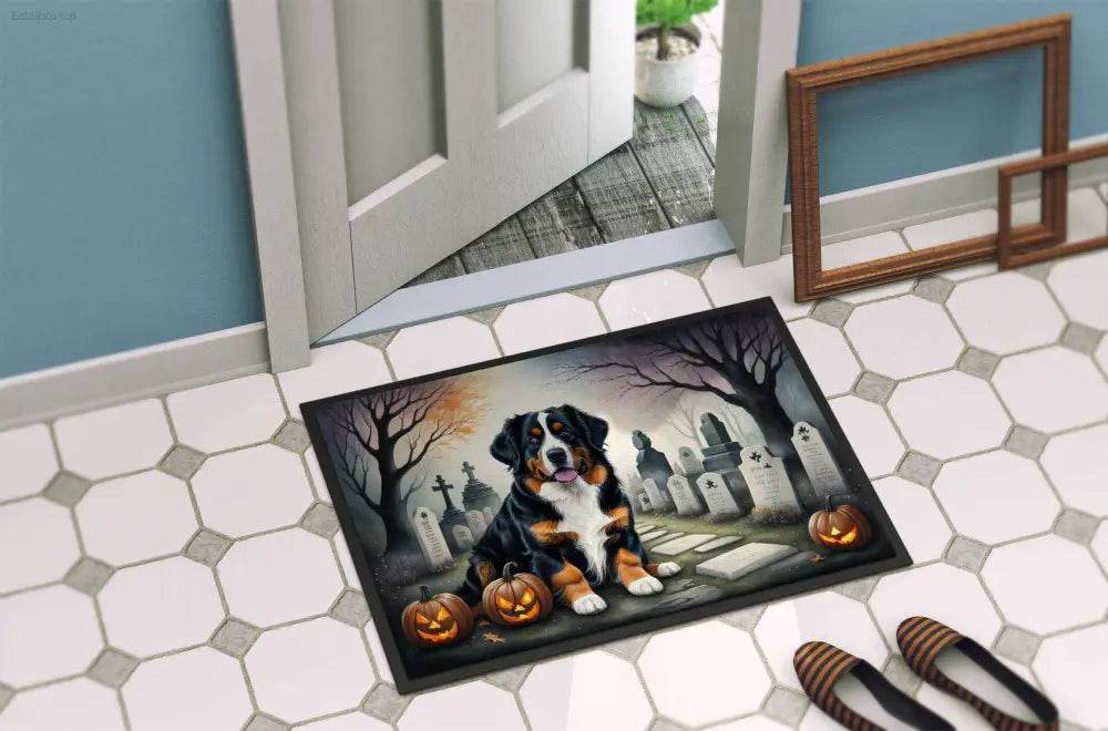 Halloween-themed dog doormat.
