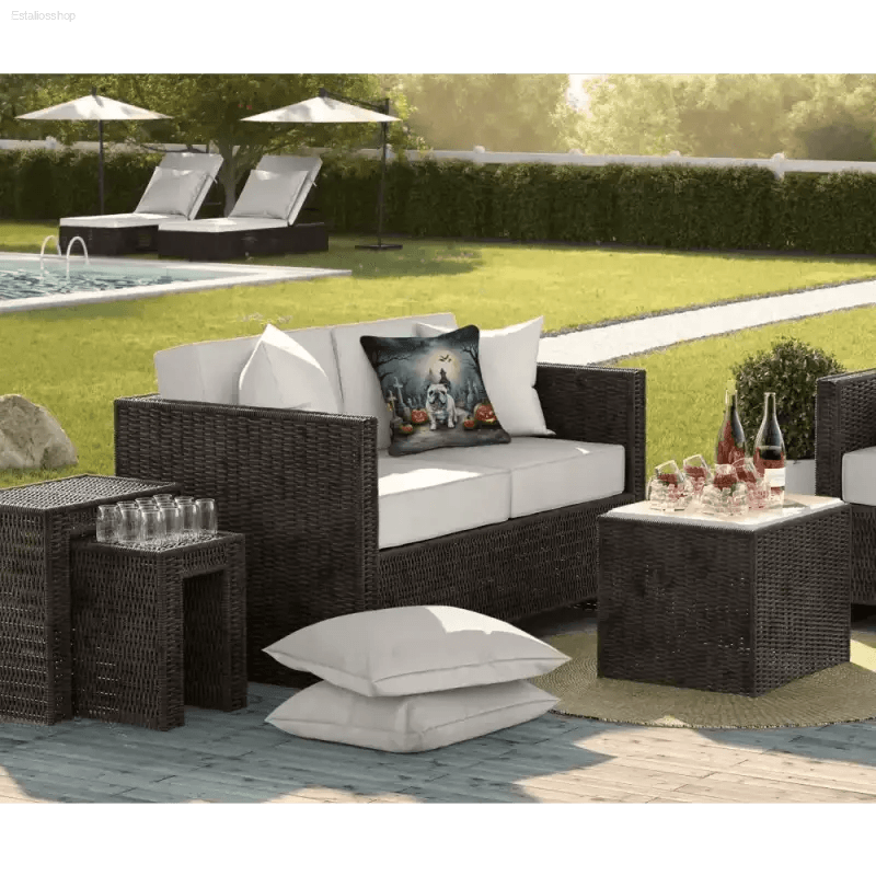 Spooky Patio Paradise: Wicker Set & Bulldog Boo-tiful Pillows! this Wicker Patio Set will Transform your Outdoor Space Into a Spooky Patio - Estalios