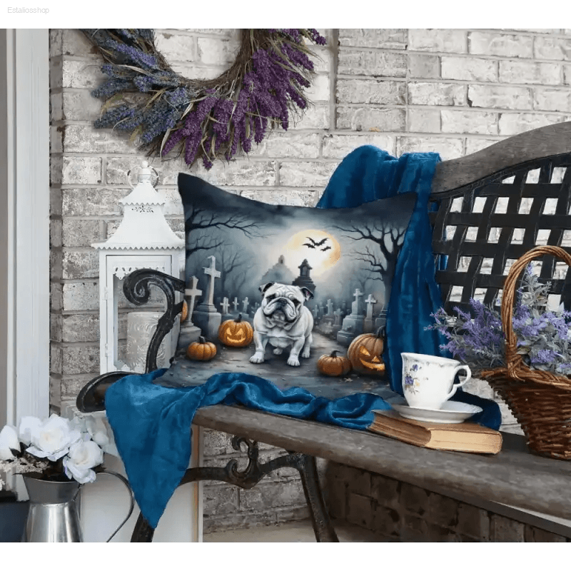 Spooky Patio Paradise: Wicker Set & Bulldog Boo-tiful Pillows! this Wicker Patio Set will Transform your Outdoor Space Into a Spooky Patio - Estalios