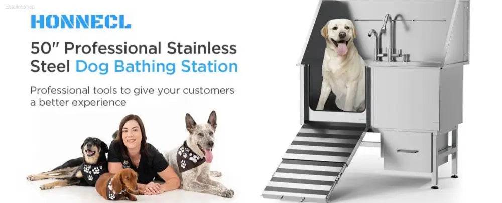 Stainless Steel Dog Bath Table with Ramp and Accessories - Estalios