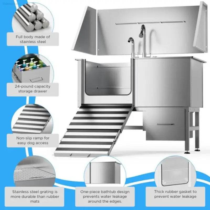 Stainless Steel Dog Bath Table with Ramp and Accessories - Estalios