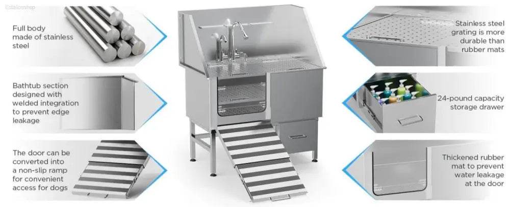 Stainless Steel Dog Bath Table with Ramp and Accessories - Estalios