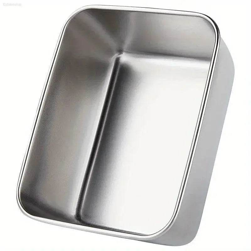 Rectangular stainless steel container.