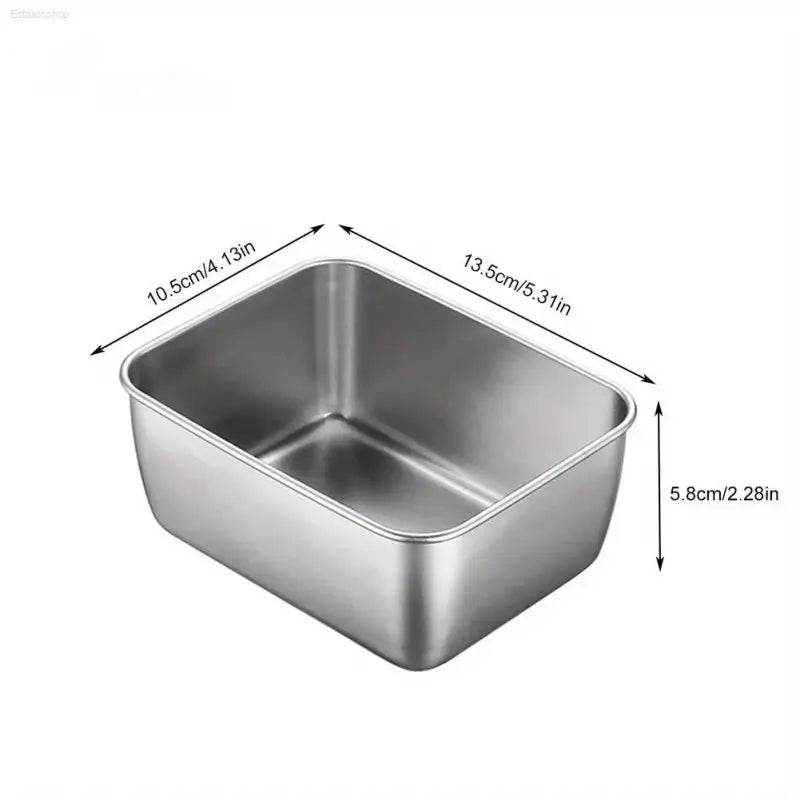 Rectangular stainless steel container with dimensions.