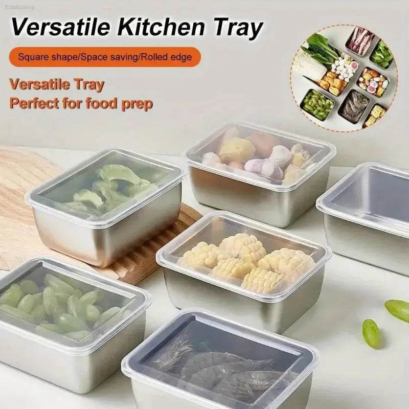 Stainless steel food storage containers with clear lids.