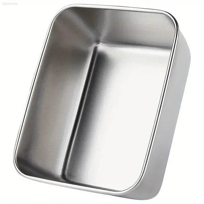 Rectangular stainless steel container.