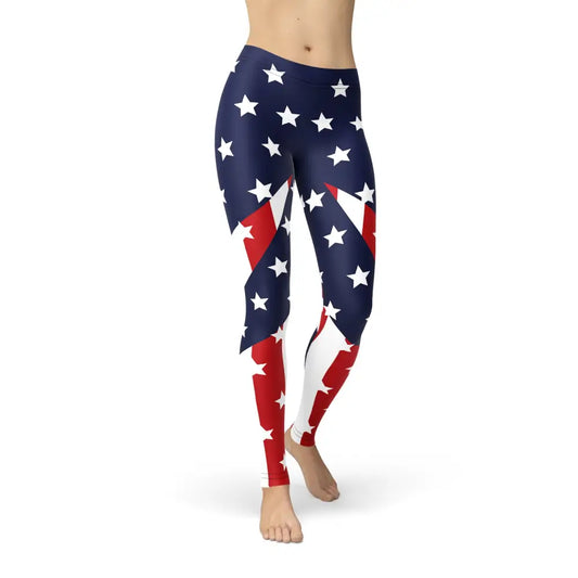 Womens American Flag leggings showcasing a fun, true American beauty style