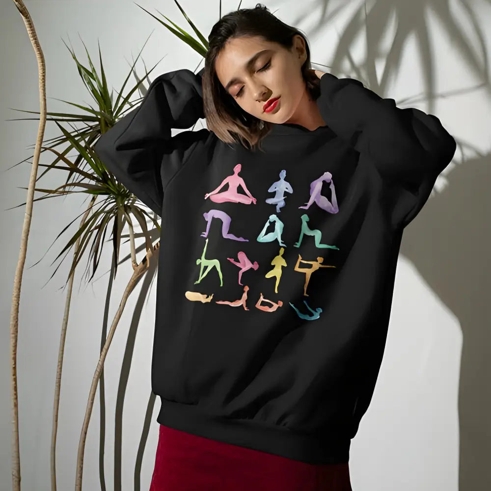 Black Sanctuary Crewneck Sweatshirt featuring fun yoga poses for active lifestyle lovers