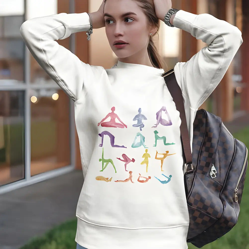 White Sanctuary Crewneck Sweatshirt featuring yoga poses for your active lifestyle