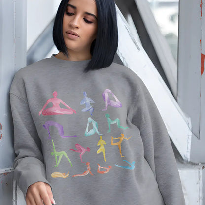 Gray Sanctuary Crewneck Sweatshirt featuring yoga poses, perfect for workouts or lounging