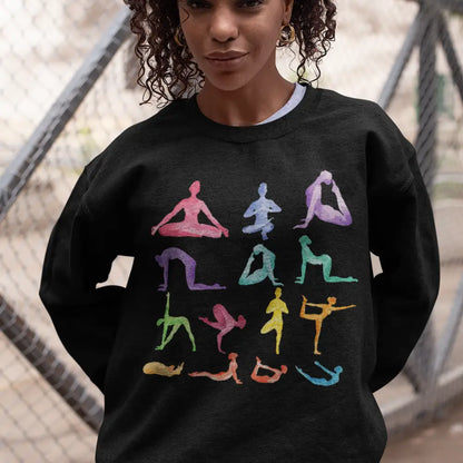 Black Strike a Pose Sanctuary Crewneck Sweatshirt featuring colorful yoga poses