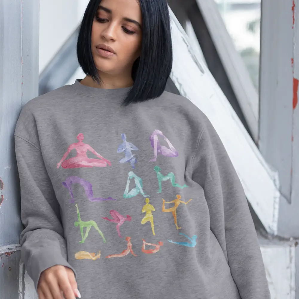 Gray Strike a Pose Sanctuary Crewneck Sweatshirt featuring yoga poses in sport grey