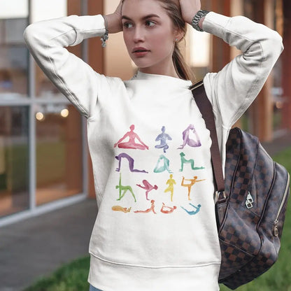 White Strike a Pose Sanctuary Crewneck Sweatshirt showcasing yoga poses for relaxation