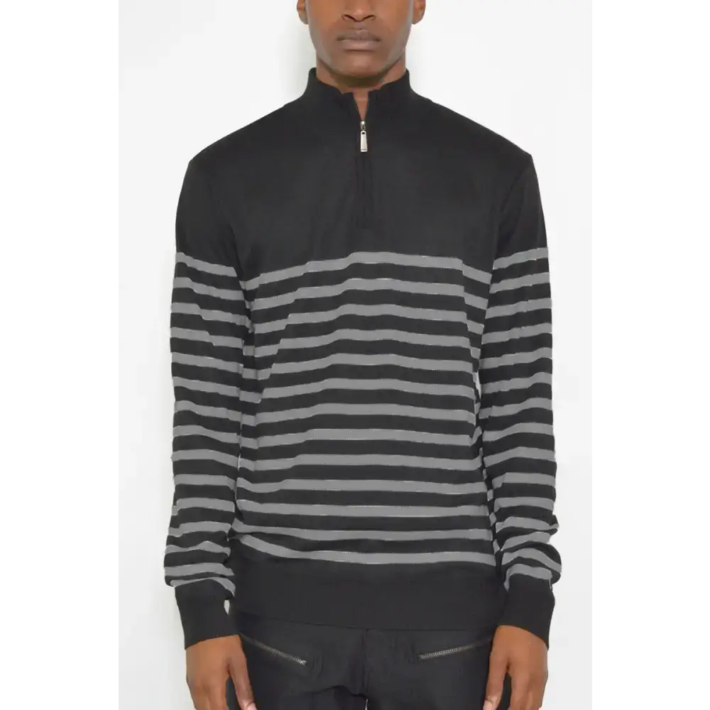 Stylish black and gray striped quarter zip sweater, perfect for any casual outfit