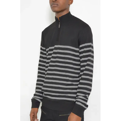 Stylish black and gray striped quarter zip sweater quarter for cozy casual wear