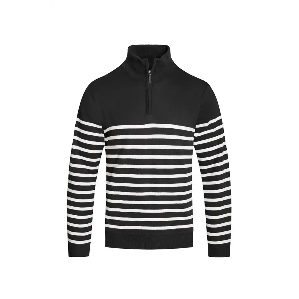 Stylish black and white striped sweater quarter zip for a cozy look