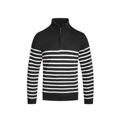 Stylish black and white striped sweater quarter zip for a cozy look