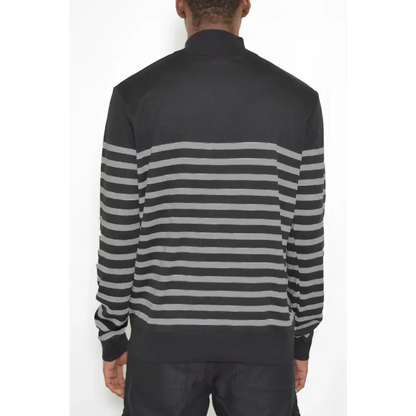 Black and gray striped sweater quarter zip for a stylish, cozy look