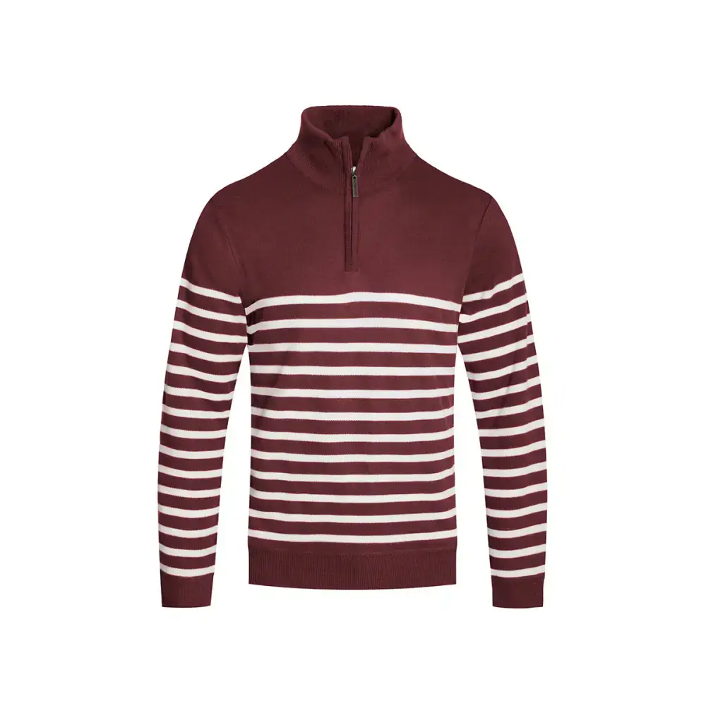 Burgundy and white striped quarter zip sweater perfect for cozy casual looks