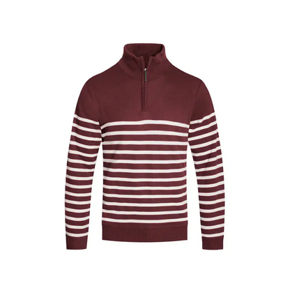 Burgundy and white striped quarter zip sweater perfect for cozy casual looks