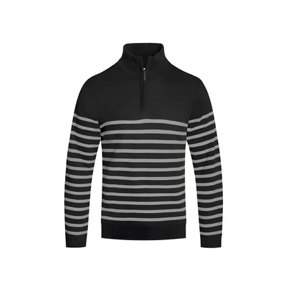 Black and gray striped quarter zip sweater perfect for casual layering and style