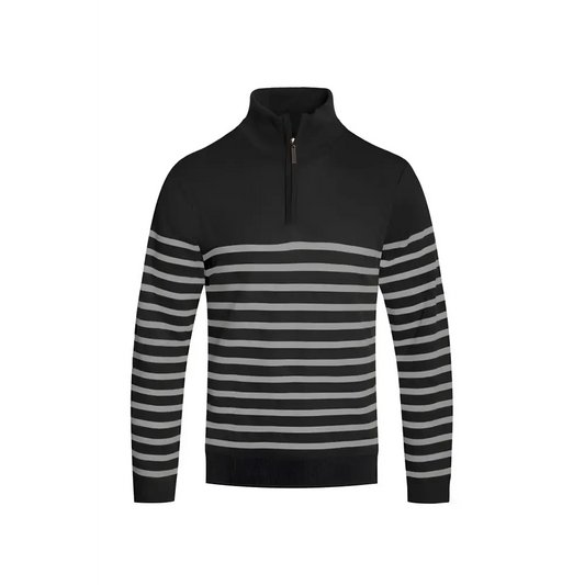 Black and gray striped quarter zip sweater perfect for casual layering and style