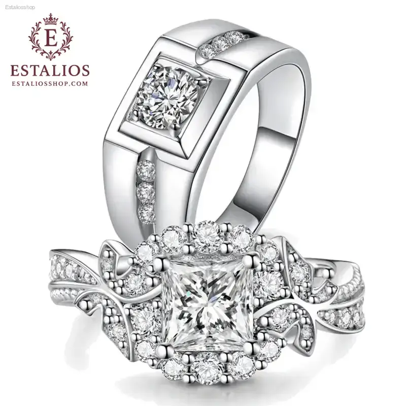 Stunning 10Kt White Gold Plated Matching Couple Rings with CZ for Elegant Weddings - EstaliosShop