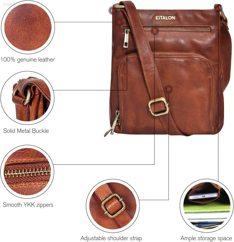 Stylish ESTALON Women's Real Leather Crossbody Purse - Adjustable Sling Strap & Medium Size Crossover Handbag - Estalios