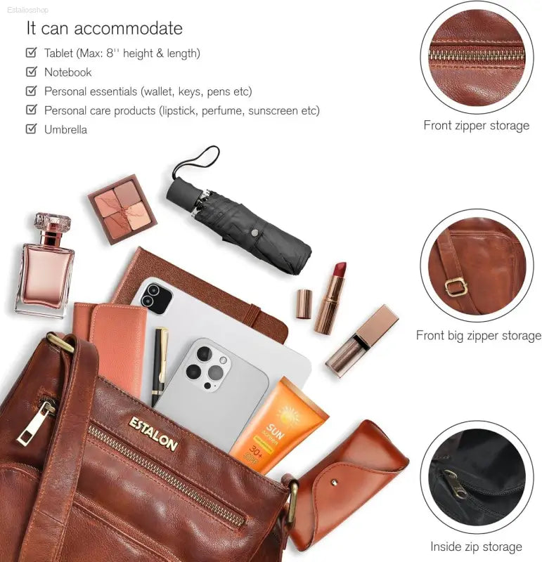 Stylish ESTALON Women's Real Leather Crossbody Purse - Adjustable Sling Strap & Medium Size Crossover Handbag - Estalios
