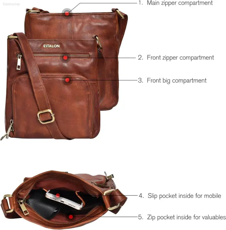 Stylish ESTALON Women's Real Leather Crossbody Purse - Adjustable Sling Strap & Medium Size Crossover Handbag - Estalios