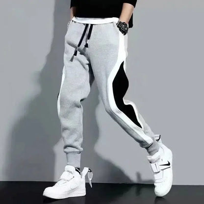 Stylish Gray Mens Casual Pants with Patchwork and black and white accents, perfect casual pants mens