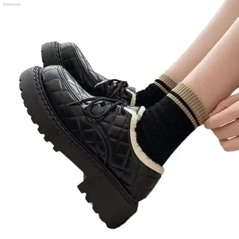 Stylish Lace - Up Furry Cotton Shoes with Thick Lining for Fashionable Women - EstaliosShop