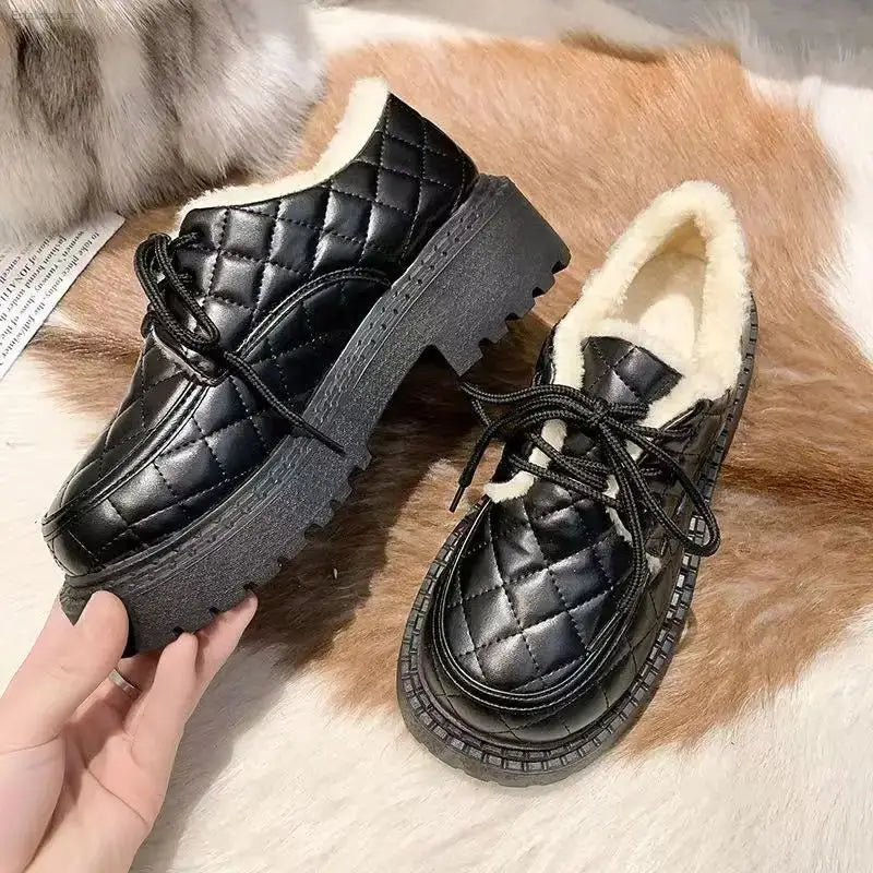 Stylish Lace - Up Furry Cotton Shoes with Thick Lining for Fashionable Women - EstaliosShop