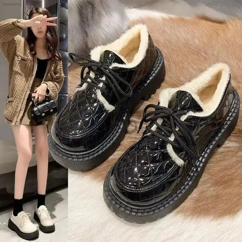 Stylish Lace - Up Furry Cotton Shoes with Thick Lining for Fashionable Women - EstaliosShop